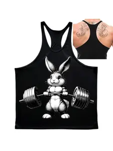 Men's Y-Back Gym Tank Top, Muscle Rabbit Lifting Barbell Print, Quick Dry Breathable Sleeveless Workout Stringer for Bodybuilding & Fitness Training