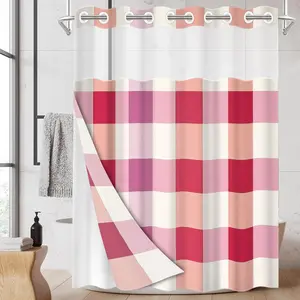 1pc 2D Flat Printing hookless shower curtain hanger liner Pink White Red Plaid Fabric waterproof lining shower curtain with transparent window, double-layer shower curtain, 71 x 74 inches, modern home curtain decoration