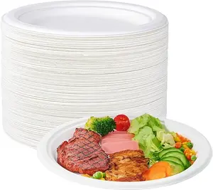 100% compostable 9-inch heavy-duty paper , 50-pack disposable biodegradable eco-friendly sugarcane rattan  for dinner parties (white) Round plate