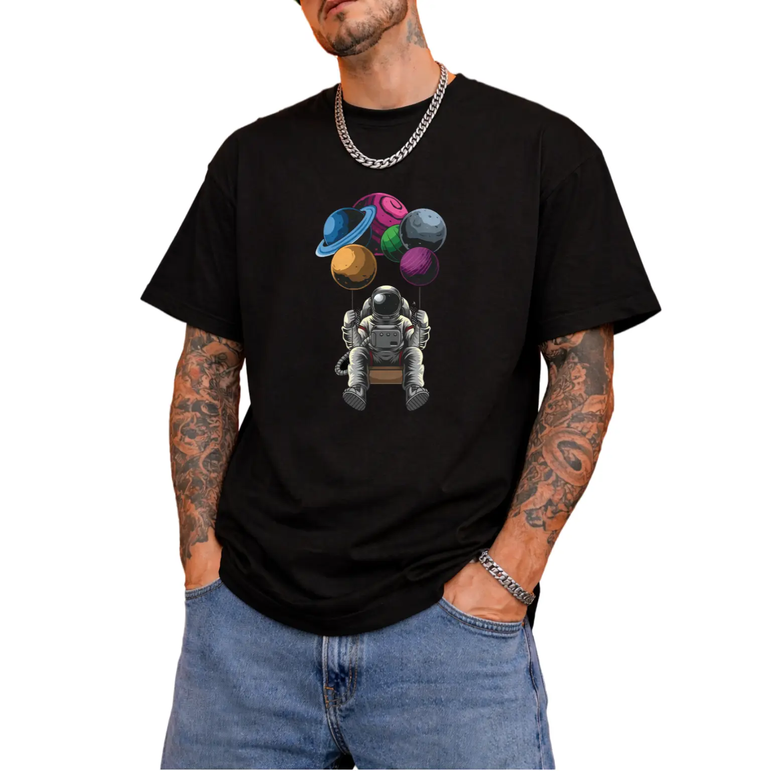 Men Theme Print Loose Fit Short Sleeve T-Shirt Retro Casual Gift for Husband And Dad Astronaut And Planets Design