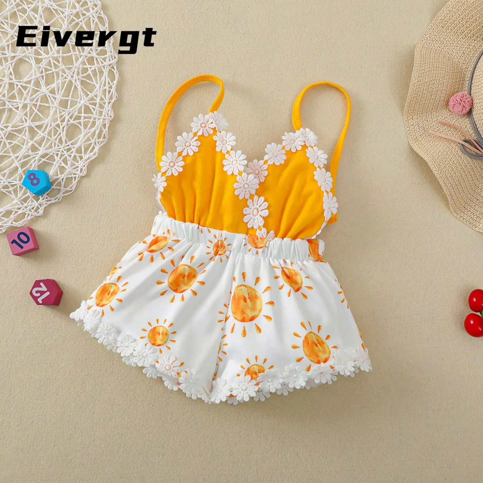 Newborn Casual Style Romper, Baby Girl Sleeveless Sun Print V-neck Playsuit with Decorative Flower