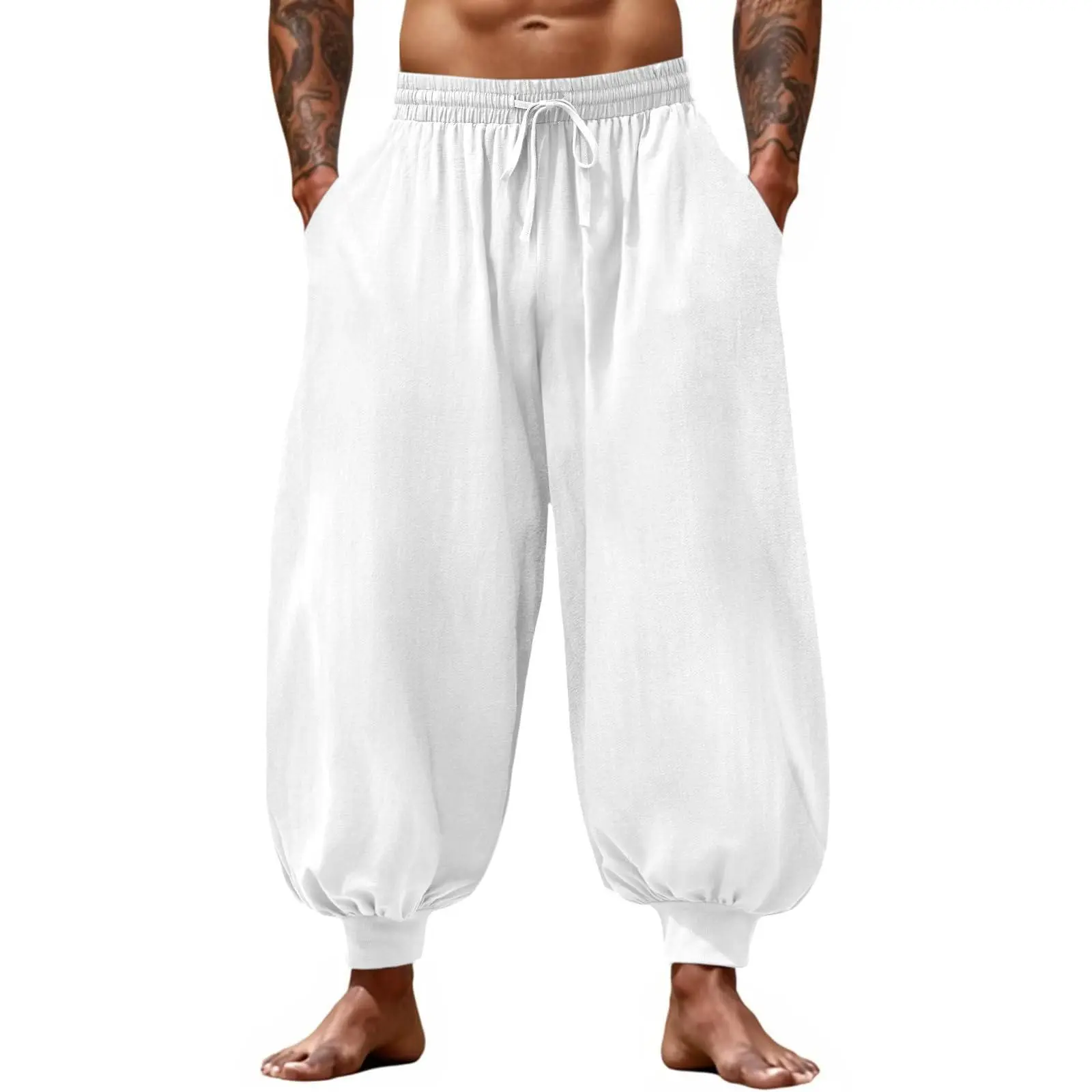 Runcati Men's Harem Pants - Menswear, Elastic Waist Drawstring, Baggy Cotton Linen, Boho Yoga Vibes, Yoga-Beach Ready Beach Outfits, Casual Hippie Trousers