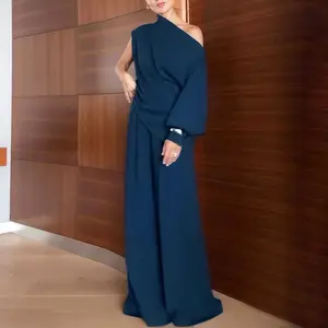 ChicMe Women's 2 Pieces Outfit Skew Neck Asymmetrical Lantern Sleeve Side Slit Top and Casual Wedding Guest Button & Zipper Side Pleated Wide Leg Pants/Palazzo pants  Wedding Set