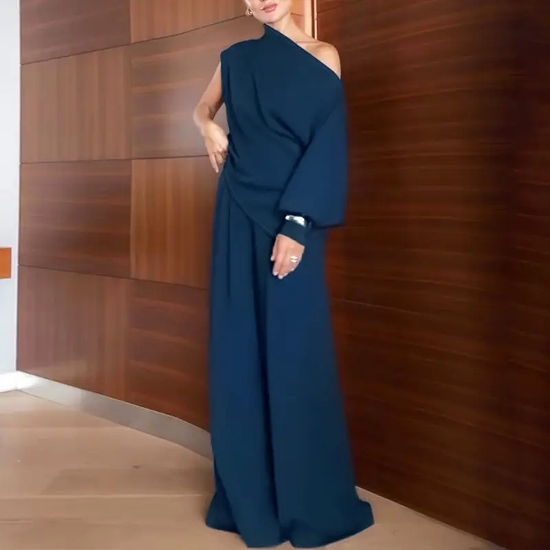 CHICME Women's 2 Pieces Outfit Skew Neck Asymmetrical Lantern Sleeve Side Slit Top and Casual Wedding Guest Button & Zipper Side Pleated Wide Leg Pants/Palazzo pants  Wedding Set