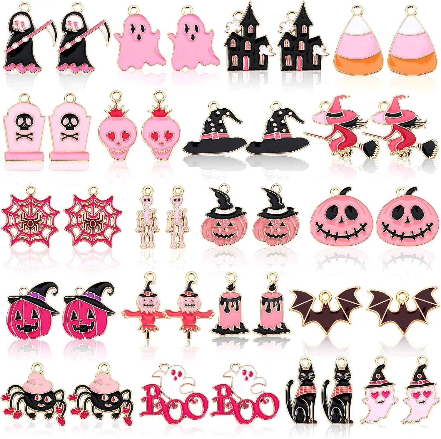 Halloween fall Gifts 40 Pcs/20 Pairs Pink Halloween Charms for Jewelry Assorted Halloween Pendants, Pumpkin Ghost Witch Charm, Bracelet Necklace Earring