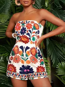 Women's Floral Print Tube Romper, Boho Fitted Wide Leg Romper for Beach Holiday Vacation, Beach Jumpsuit, Ladies Clothes for Summer, Bohemian Womenswear, Sleeveless, Boho Casual Romper, Elegant Casual Romper, Floral Print Overalls, Stylish Overalls