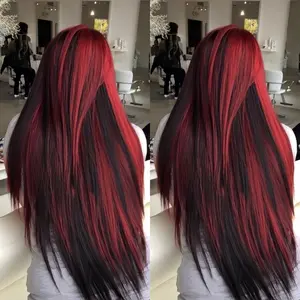Sell like hot cakes 2024 NEW Red With Black Highlight Ombre Wigs With Bangs Straight No Lace Full Machine Wig Brazilian Human Hair Wigs Red Peekaboo Wig Remy Wine Red Ombre Hair 150% Virgin Hair Wigs For Women