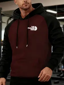 Men's Fa North Logo Print Hoodie, Thick Winter Warm Colorblock Design, Front Pocket, Casual Outdoor Pullover, Sports Wear