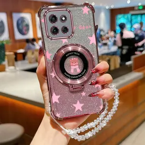 Moto G56 Popular Series Advanced Crystal Strap Lanyard Phone Holder Case Accessories For Compatible With Motorola Moto G56 Transparent Glitter Shiny Cover and Durable Cute Scarf Bear Protector Cases