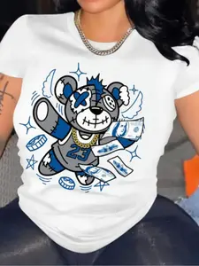 Women's Cartoon Bear Print Round Neck Tee, Fashion Casual Crew Neck Short Sleeve T-shirt for Daily Holiday Vacation Outdoor Wear, Ladies Clothes for All Seasons, Clothing