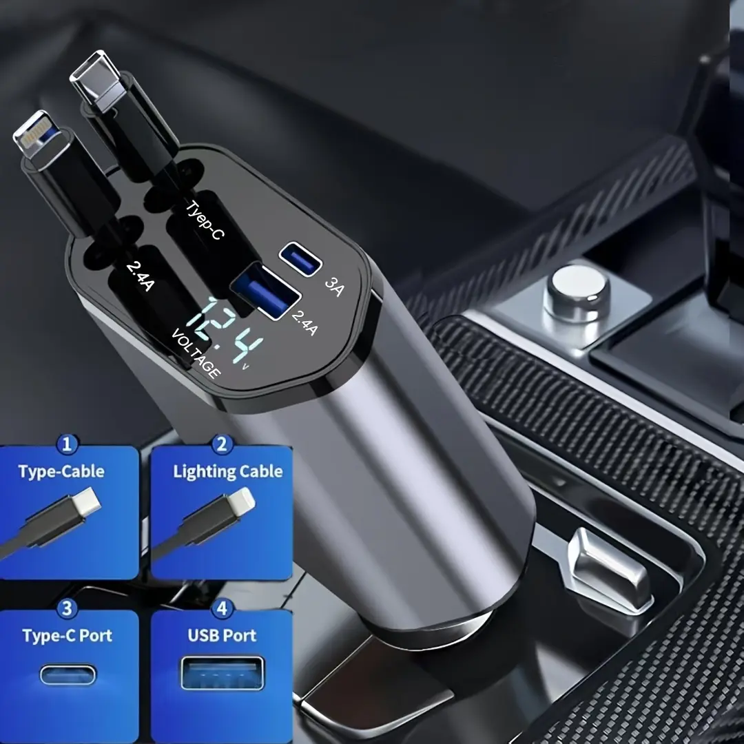 4-in-1 Retractable Car Charger, Fast Charging Car Charger, Dual USB Ports, Compatible with for iphone and Type-C, PD and QC3.0, 180 °   Adjustable Base, Compatible with for iphone 16/15/14/13/12/11 and Android Devices, Suitable for Car Charging, Car Acces
