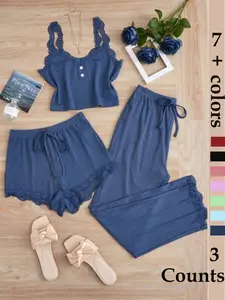 Women's Sleepwear Set, Three-Piece Round Neck Lace Trim Pajamas, Soft Breathable Comfort Casual Homewear, Tank Top Shorts Long Pants, Loungewear