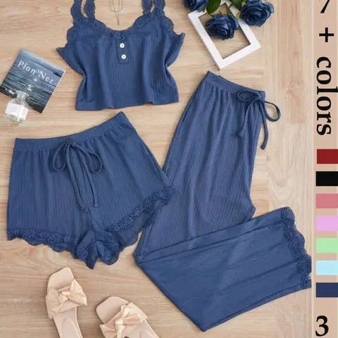 Women's Sleepwear Set, Three-Piece Lace Trim Tank Top & Shorts & Long Pants Pajamas, Soft Breathable Comfortable Casual Loungewear Outfits, Home Clothes Loungewear