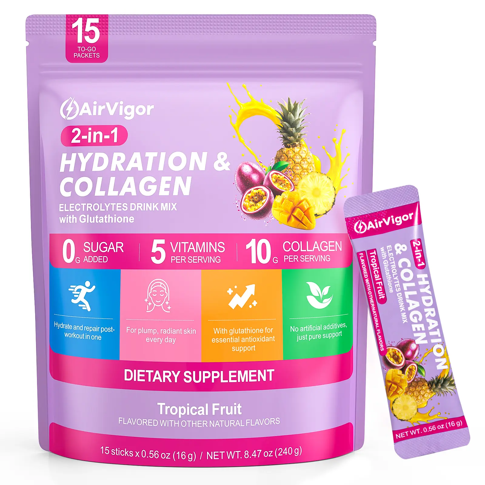 0 Sugar Electrolyte Drink Mix Stick - GMO-Free Functional Beverage with Collagen, Tropical Fruit, Lemon Lime for Daily Hydration, 15 Drink Packets