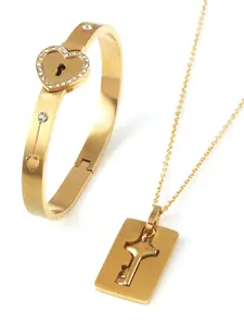 Heart Shaped Key Design Pendant Necklace & Lock Design Cuff Bangle, Fashion Jewelry Set for Party, Daily Clothing Decor, Trendy All-match & Exquisite Jewelry for Birthday Gift