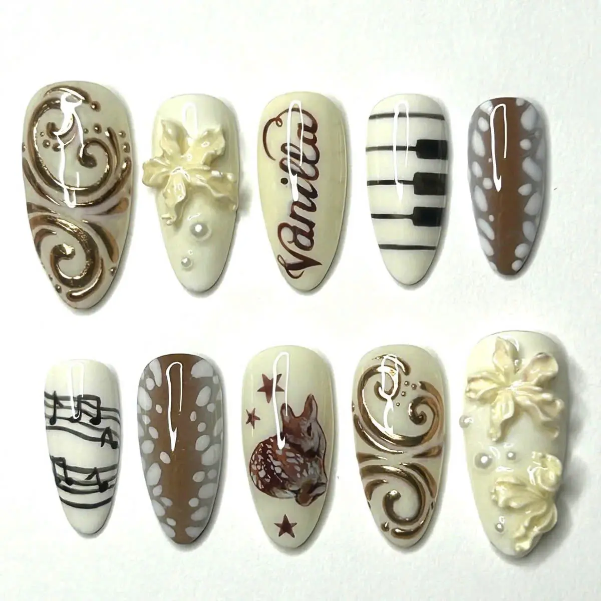 Handmade Cottagecore Press On Nails, Deer Piano 3D Flower Reusable Gel Fake Nail Set with Free Adhesive Tabs Nail File Cuticle Stick