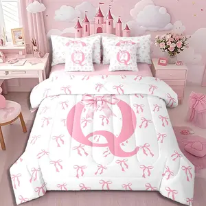 Romantic Pink Bowknot Comforter Bed Set,Ribbon Initial Letter 7 Pcs Bedding Set,Kids Women Lady Dreamy Bows Bed Bag,Modern Simple Pink White Bow Comforter,