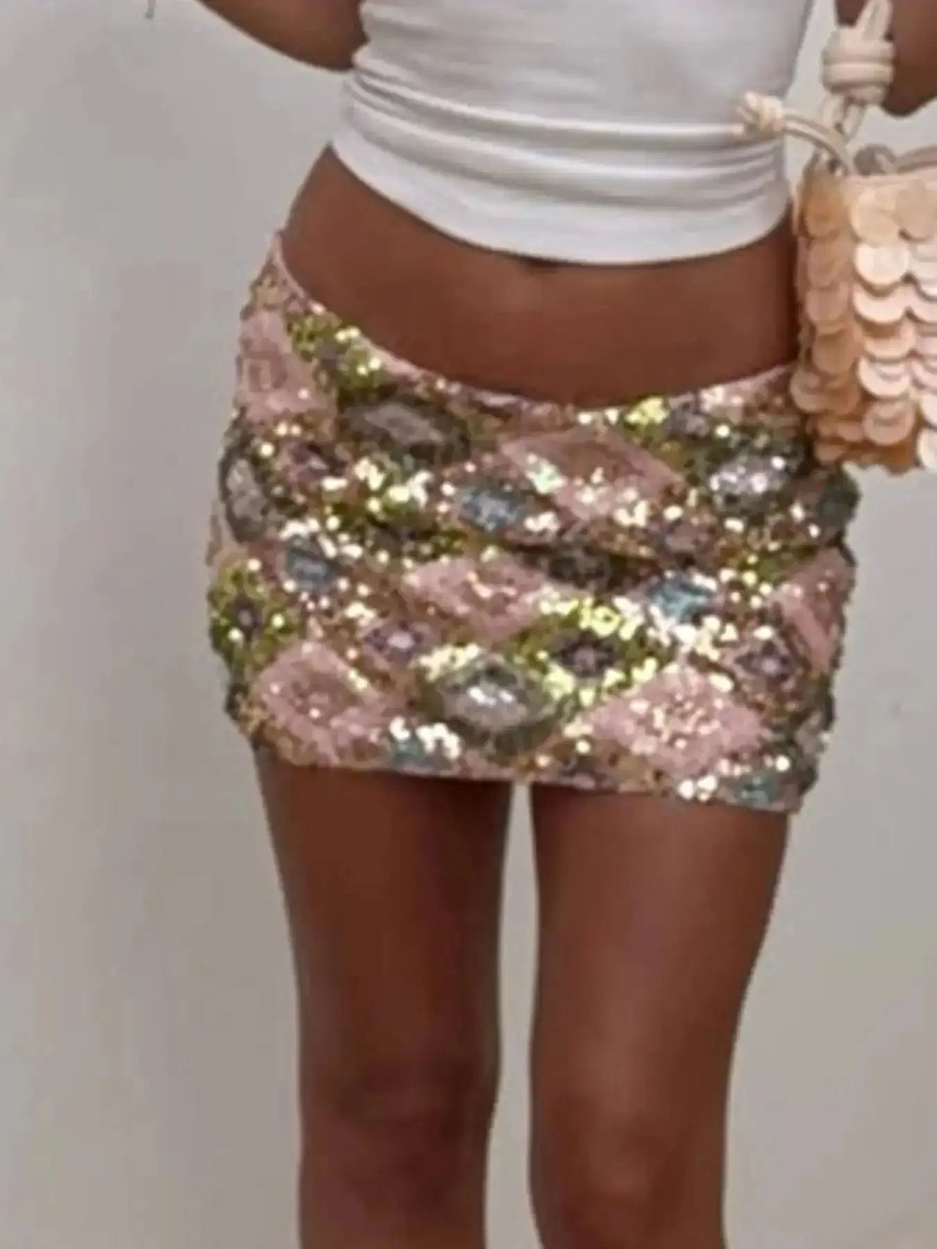 2026 Women's Geometric Sequins Embroidered Bodycon Mini Skirt with Low Waist Fit, Sexy Party Vacation Summer Stretch Fitted Chic Multicolor Design, glam trendy statement flattering modern versatile essential