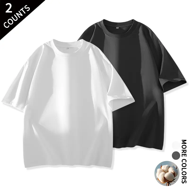 Summer Outfit Essential Heavy Cotton Black White Plain Short Sleeve 2 Sets for Men, Breathable Loose Crew Neck Basic Shirts for Work & Shopping