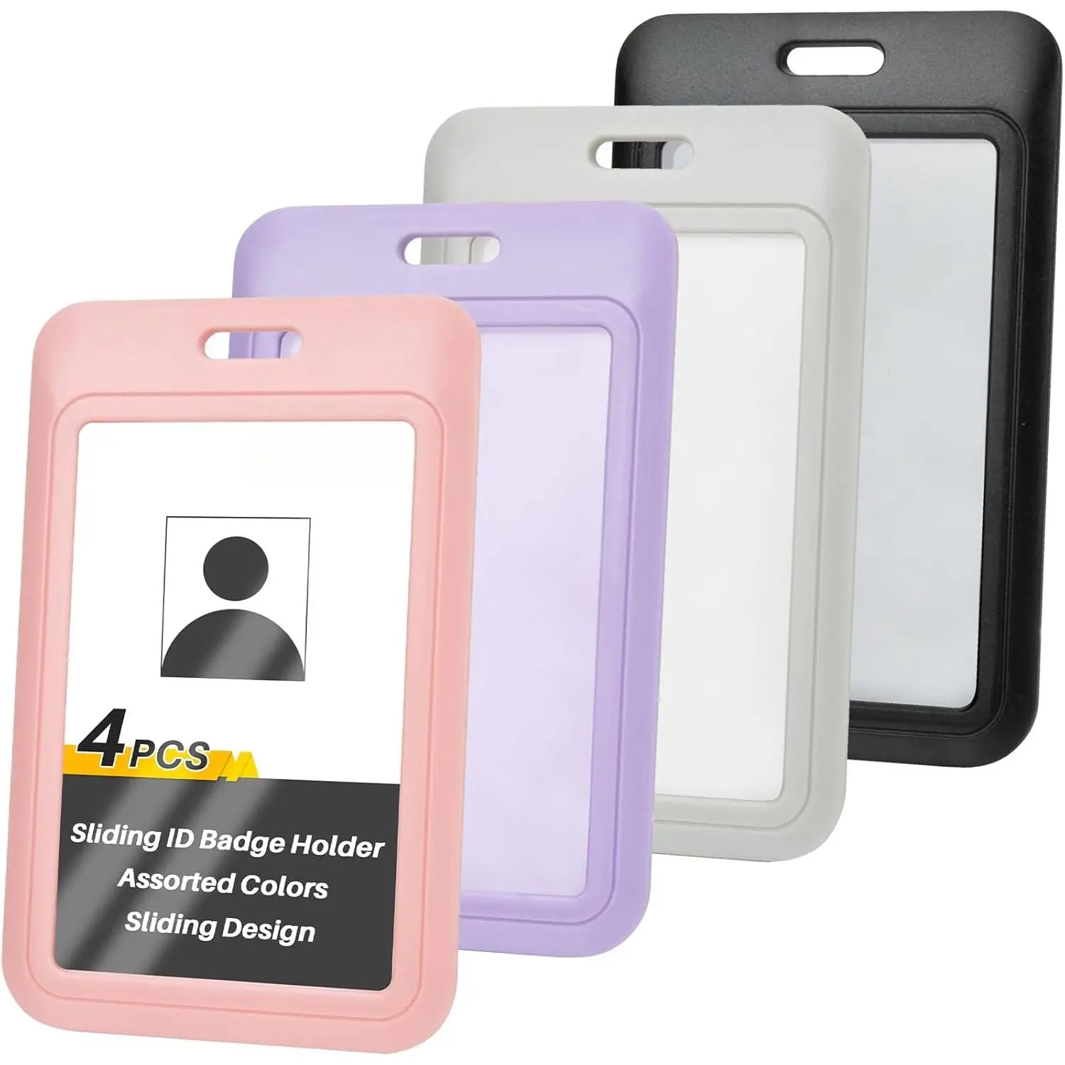 Sliding Badge Holder - 4 Pack Sliding ID Badge Holder with Clear Window Hard Plastic  Assorted Colors Vertical Card Protector for Lanyard for  Teachers Students Office School