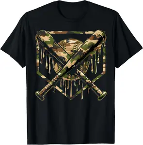 Baseball Drip Ice Cream Camo Home Plate Bats Sports Game Day T-Shirt - Cotton Fabric Youth Boys Girl T-shirt