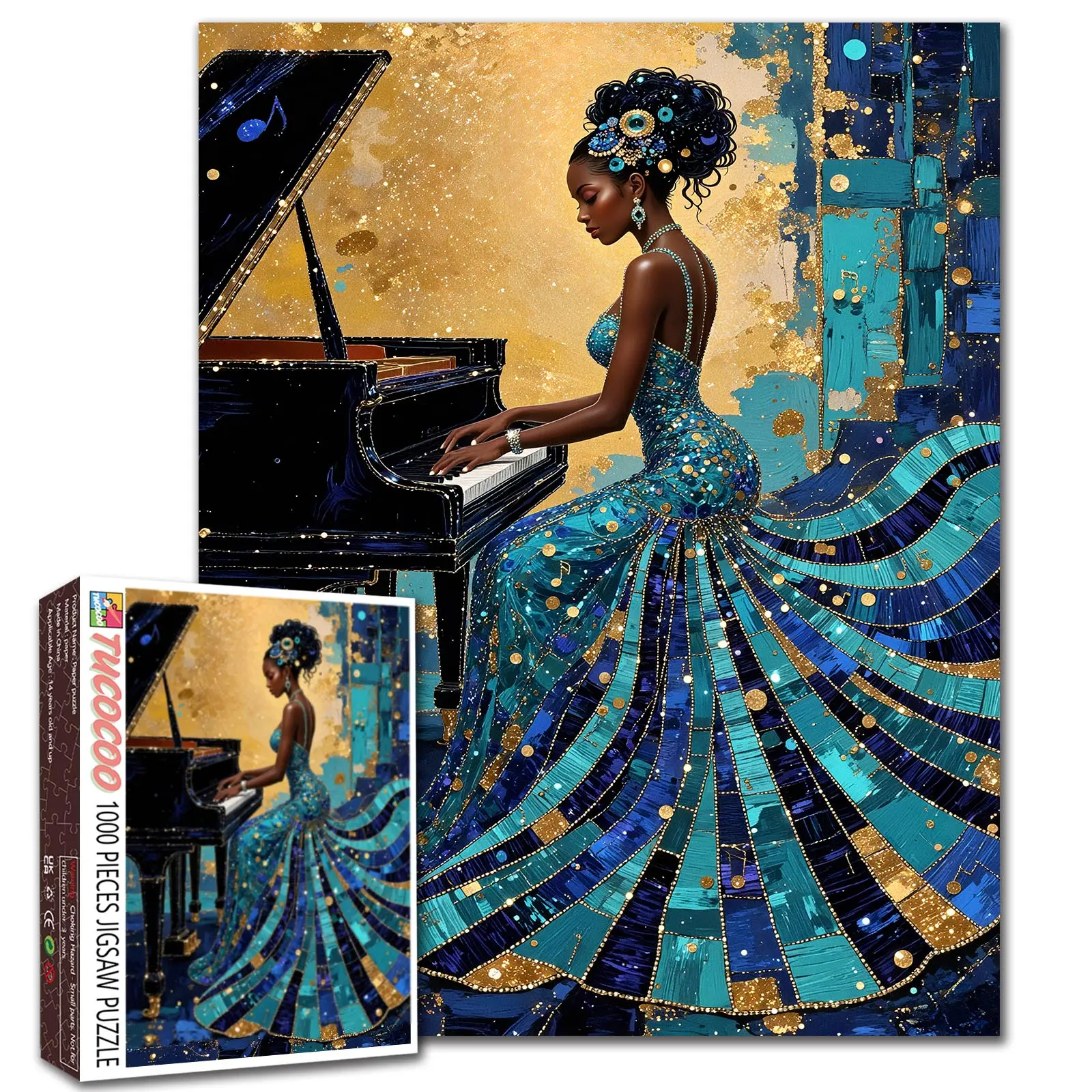 Tucocoo African Pianist Woman 1000 Pieces Jigsaw Puzzle Elegant Musical Portrait Art for Adults Relaxing Family Activity Stress Relief Brain Training Wall Art Home Decor Gift 27.5x20inch(70x50cm)