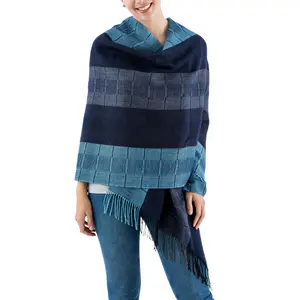 NOVICA Artisan Crafted Handmade Peruvian Alpaca Shawl | Wool Patterned Accessories Shawls | Warm Cozy | Rich Blue Spectrum | Fine Soft Fleece | Patternd Striped | Peru ' Huancayo Blues' 75" L x 27" W