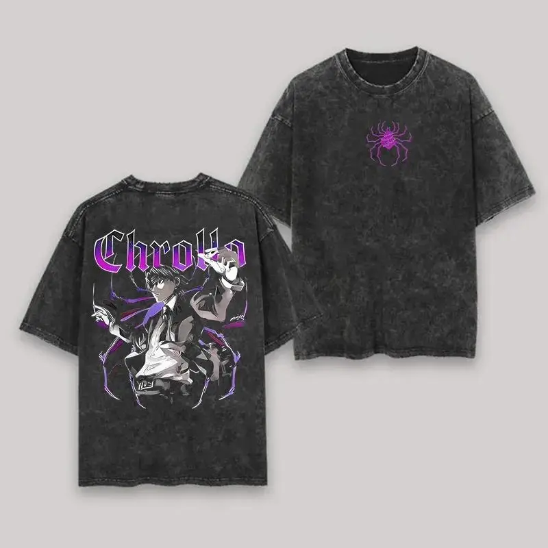 Men's Vintage Anime Graphic T-Shirt - Chrollo Lucifer Figure Print, Fitted Cut Cotton, Distressed Look, Machine Washable Casual Streetwear Top, S