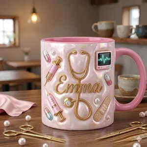 Personalized Nurse Mug, 3D Effect Ceramic Coffee Mug with Custom Name, Pink Marble and Golden Stethoscope Medical Mug for Nurses Doctors and Medical Staff, Elegant Clinic Desk Cup, Perfect Graduation Birthday Gift for Nursing Student