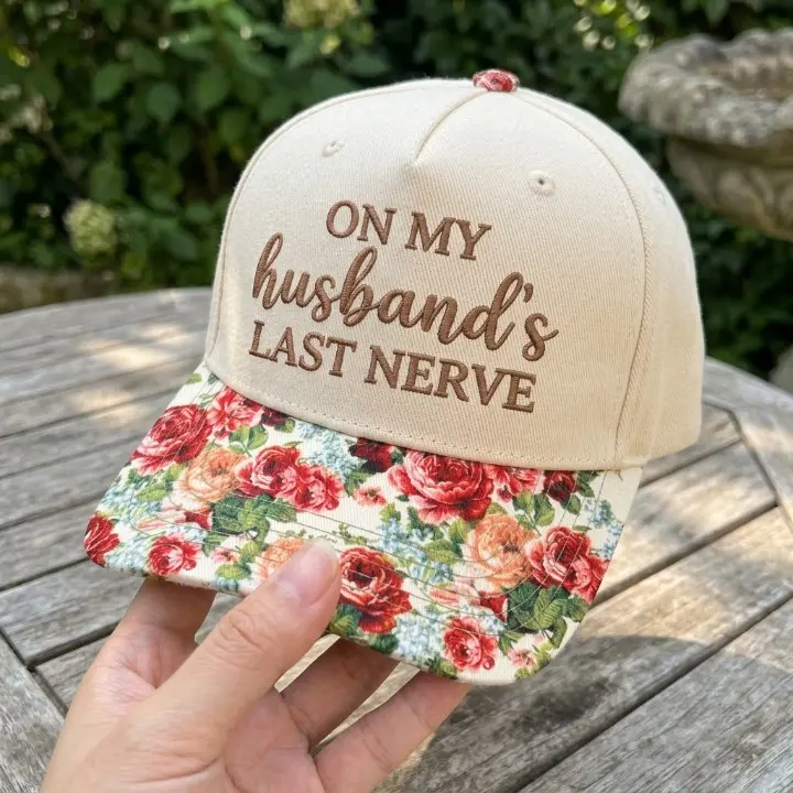 On My Husbands Last Nerve Embroidered Hat, Patriotic Floral Brim Cap, Sarcastic Witty Wife Gift