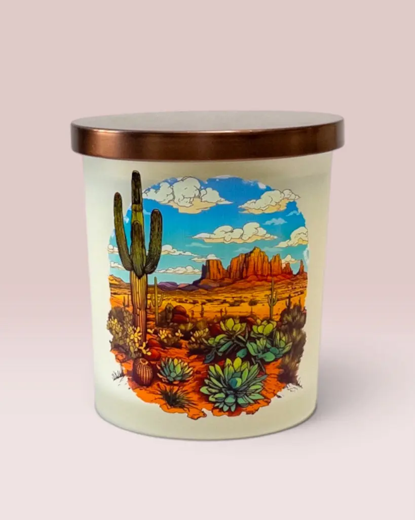 Desert Rain Coconut Wax Decorated Candle, Cruelty-Free Creosote + Refreshing Rain Aroma, Colorful Landscape Frosted Glass Home Decor Candle