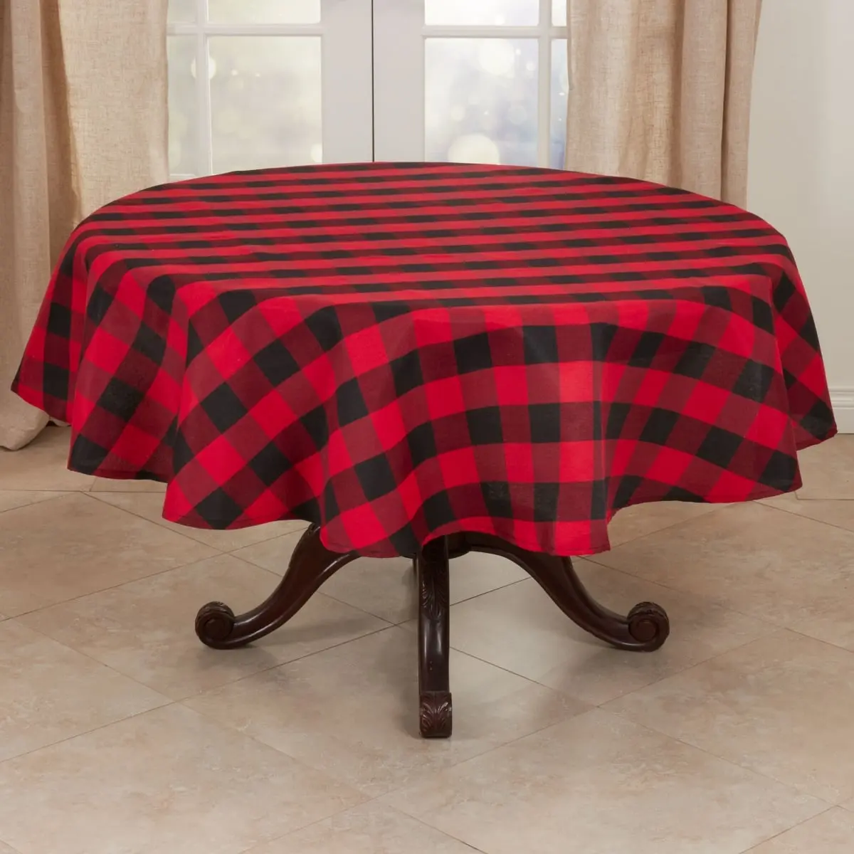 SARO 70 in. Round Red Buffalo Plaid Tablecloth