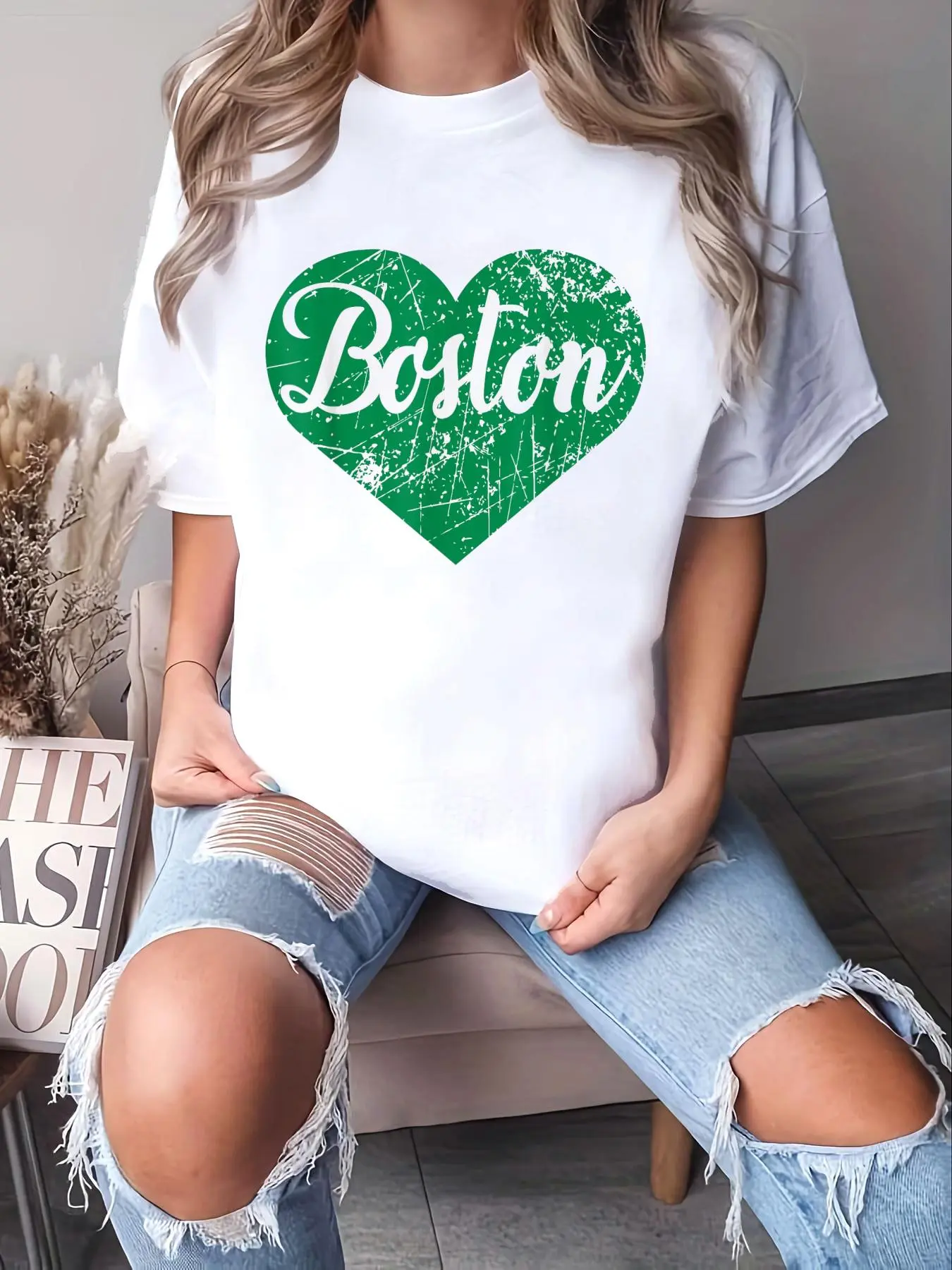 Women's 100% Cotton Round Neck Short-Sleeve Boston Heart Print Loose-Fitting Streetwear Casual Top - Unisex Fit, Party Wear, All Seasons, Machine Wash, Do Not Bleach