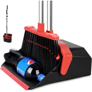Upgrade Broom and Dustpan Set with 51'' Long Handle, Large Upright Brooms and Dust Pans, ZeroGap Lip, Self-Cleaning Dustpan Teeth for Lobby Kitchen Office Restaurant - Black and Red