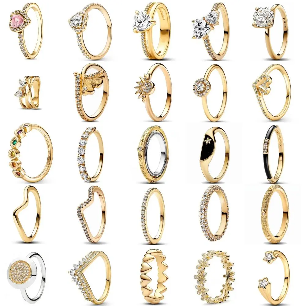 2025   Gold Color Sun Heart Bow Size 6 7 8 9 Ring Rings For Trenday Women Jewelry 925 Sterling Silver
