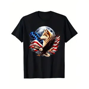 Wolf Bald Eagle American Flag Full Moon New Years Wolf Lover T-Shirt Soft and breathable for all seasons and a good fit Comfortable leisure sports Halloween Christmas gift