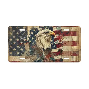 Vintage Bald Eagle American Flag 4th of July Decorative License Plate, Patriotic Independence Day Front Car Tag, Aluminum Auto Plate, USA Car Truck SUV Decor, Americana Garage Wall Decor, Freedom Gift for Men Women, Retro Style