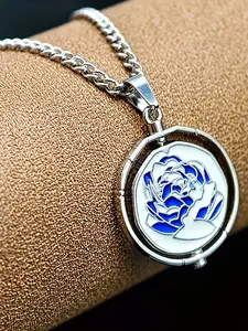 Double-Sided Blue Rose Stainless Steel Chain Pendant, Elegant Minimalist Accessory, Traditional Chinese Style Jewelry