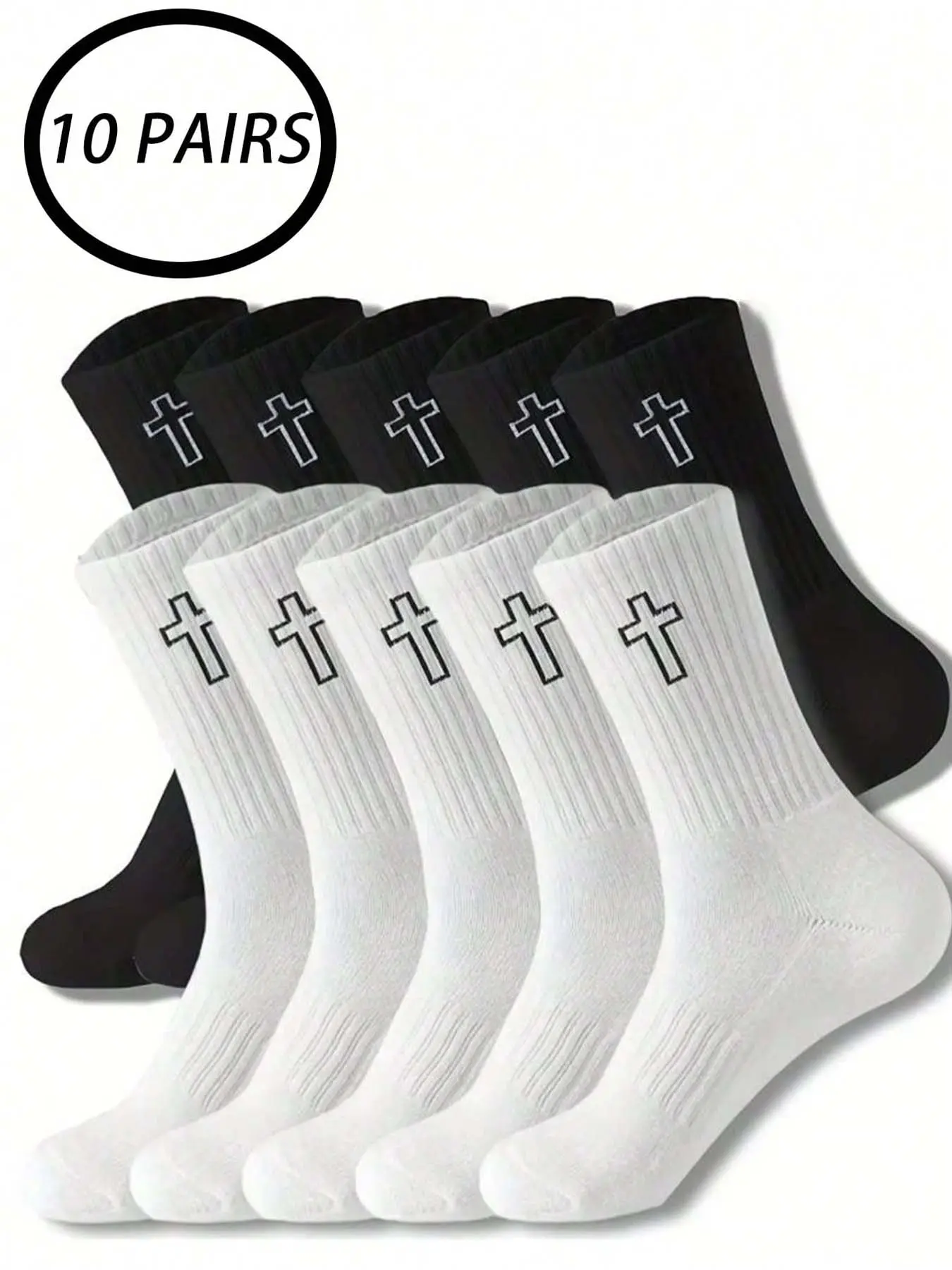 10 Pairs Cross Pattern Mid-Calf Socks, Sock Packs, Dark Trendy Casual Style, Breathable Sweat-Absorbing, Streetwear for Men & Women Daily Wear, Unisex, Outfit