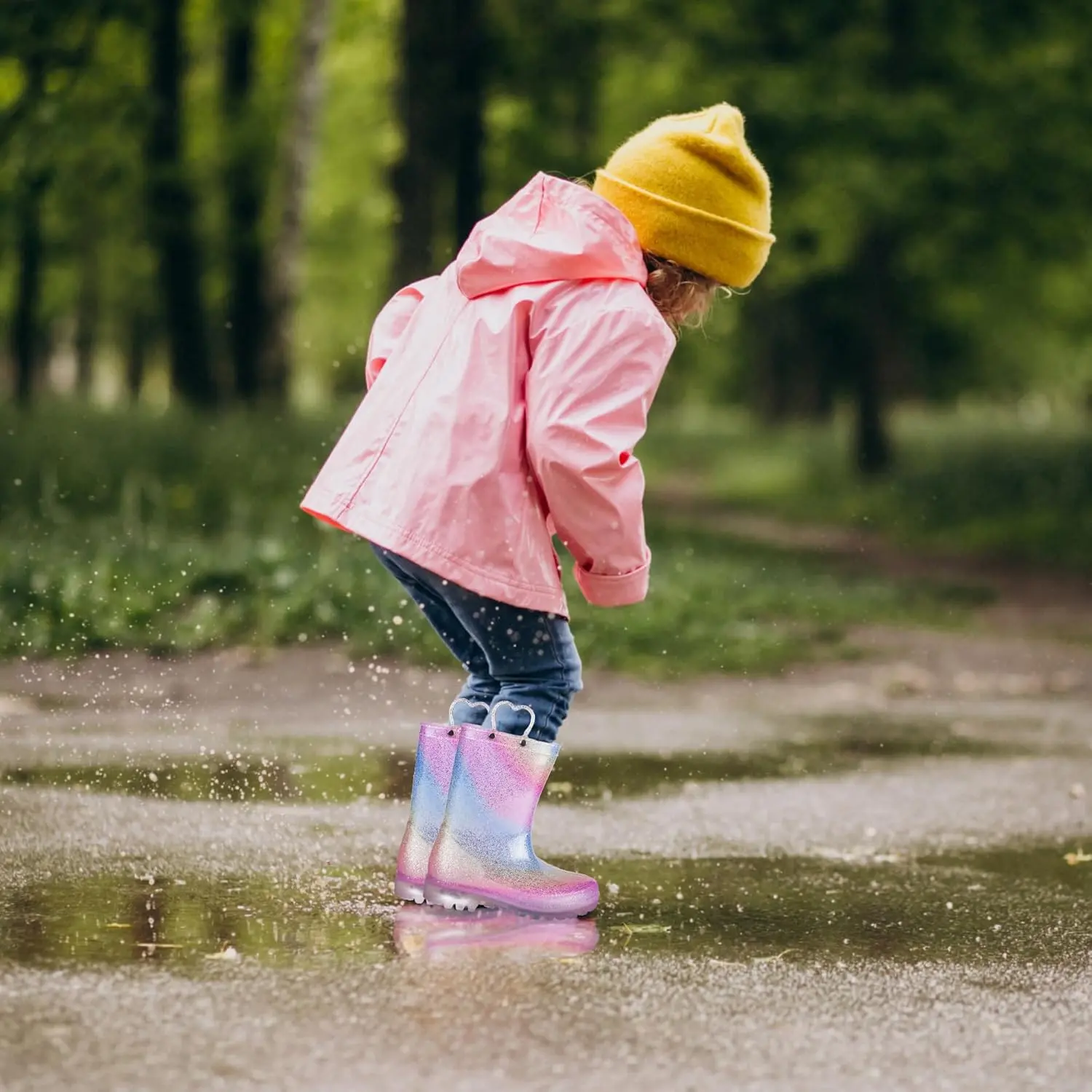GAWBAW Toddler Rain Boots Kids With Glitter Light up Rain Boots With Easy-on Handles Waterproof For Boys and Girls