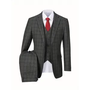 3pcs Mosedou Men'S Plaid Suit Set - Polyester & Viscose Blend, Lapel Collar, Button Details, Long Regular Sleeves, Non-Stretch Fabric, Woven Work Style Suit with Vest, Shirt & Pants for All Seasons
