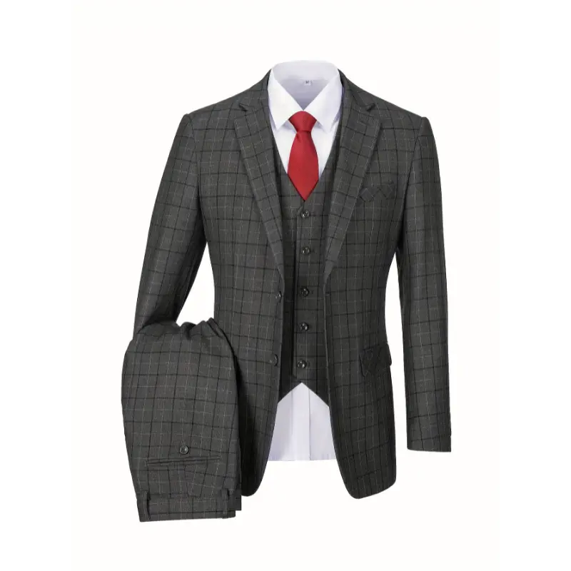 Mosedou Men's Checked 3-Piece Suit Set - Menswear Workwear, Polyester-Viscose Blend, Lapel Collar, Button Details, Long Sleeve, Non-Stretch Woven Fabric, Suit Jacket, Vest, Shirt & Pants for All Seasons, Grid Pattern Men's Suits, All-Season Men's Suits