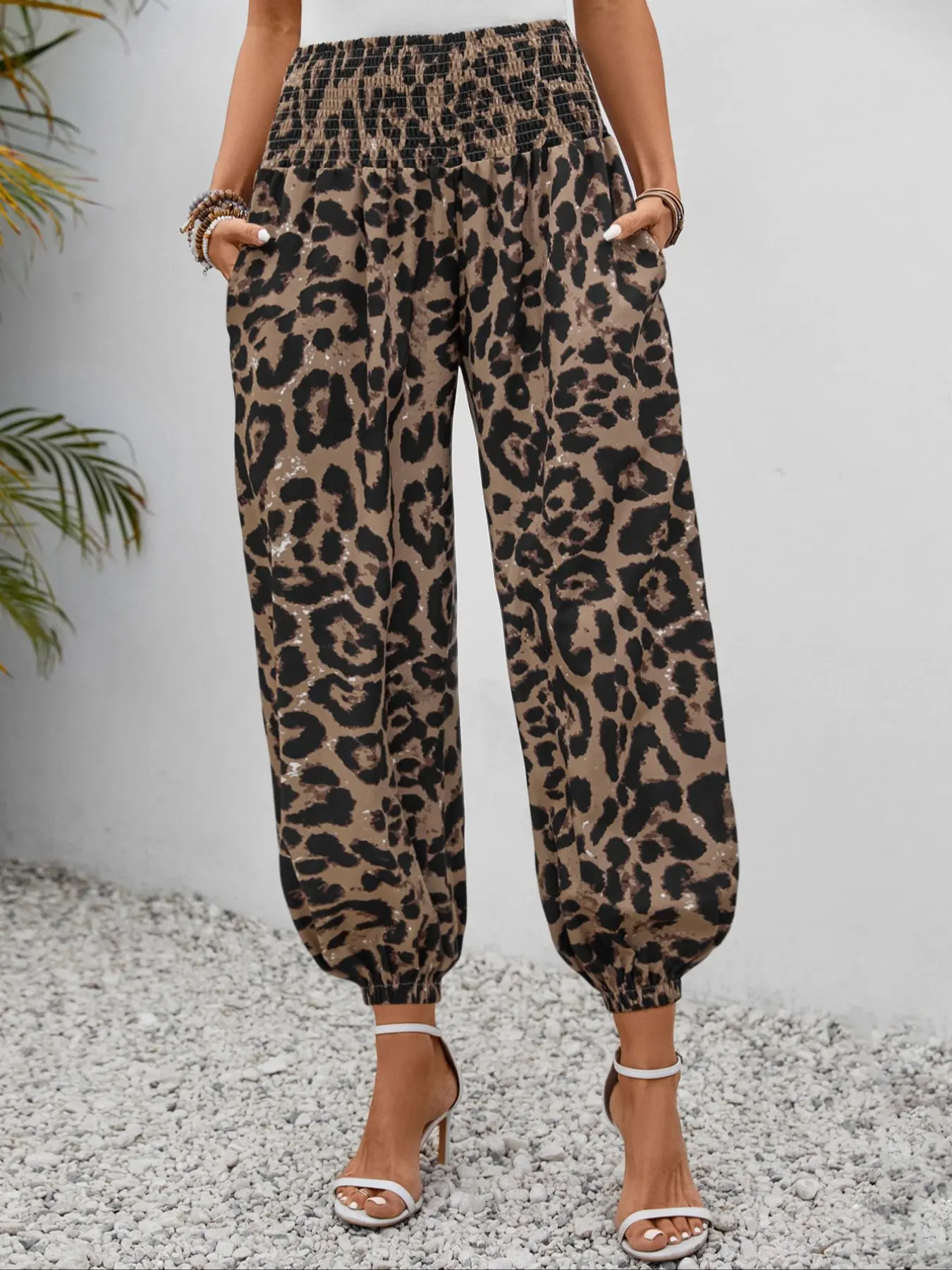 Women's High Waisted Leopard Print Jogger Pants, Casual Fashion Long Trousers, Spring & Fall Daily Wear, Loose Fit Elastic Waist, Baggy Jogging Pants, Casual Sports Trousers, Loose Comfy Pockets, Athleisure Casual Bottoms