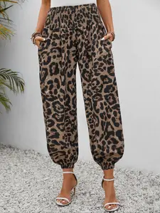 Women's High Waisted Leopard Print Jogger Pants, Casual Fashion Long Trousers, Spring & Fall Daily Wear, Loose Fit Elastic Waist, Baggy Jogging Pants, Casual Sports Trousers