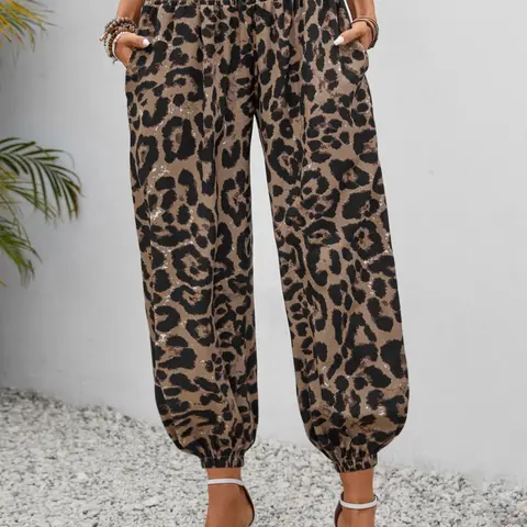Women's High-Waisted Leopard Print Casual Pants, Casual Wear Bottoms, Elastic Waist Long Pants, Loose-Fitting Y-Type Silhouette, Daily Wear Fashion