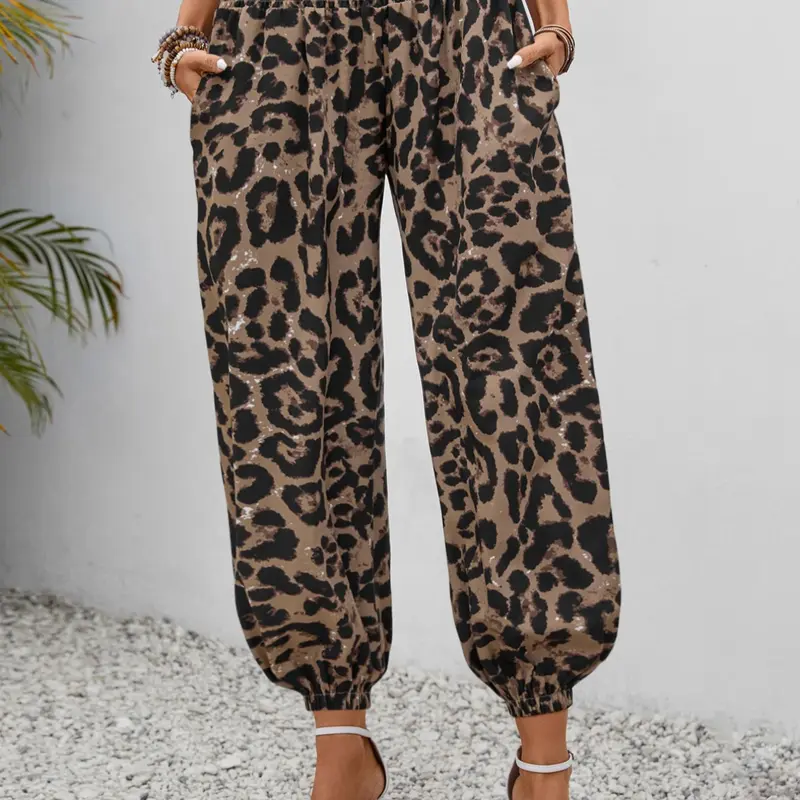 Women's High-Waisted Leopard Print Casual Pants, Casual Wear Bottoms, Elastic Waist Long Pants, Loose-Fitting Y-Type Silhouette, Daily Wear Fashion