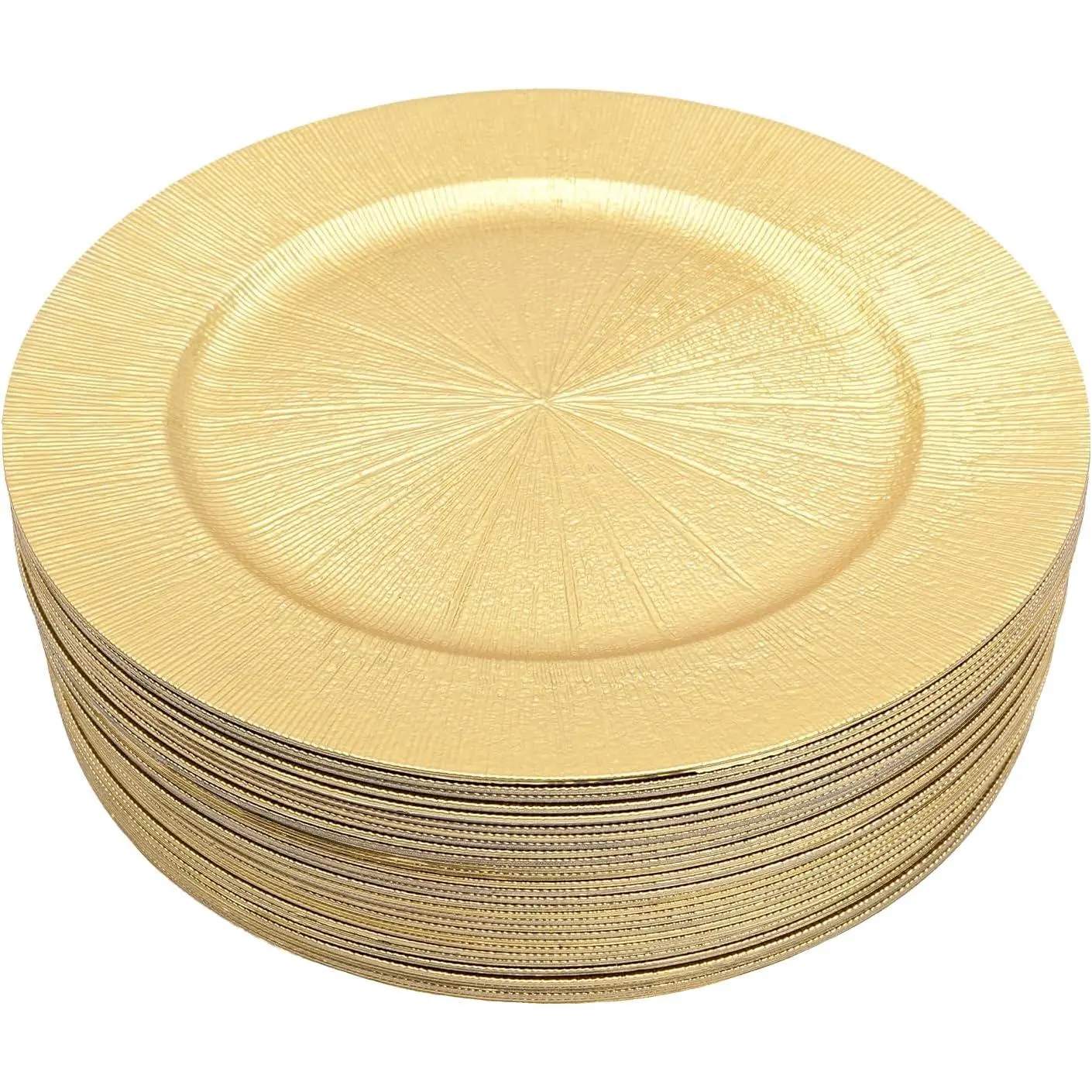 50-Pack Bulk Gold Metallic Plastic Charger Plates, 13" Round Polypropylene Tableware Set, Reusable for Wedding, Birthday Party Table Decor