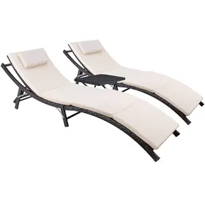 Patio Chaise Lounge Sets Outdoor Rattan Adjustable Back 3 Pieces Cushioned Patio Folding Chaise Lounge with Folding Table (Beige)i