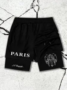 "Paris" cross print double-layer casual breathable comfortable men's shorts with drawstring elastic summer athleisure shorts