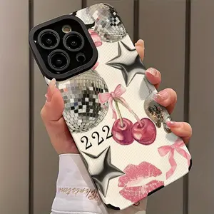 Disco Ball & Cherry Pattern Phone Case, Shockproof Phone Protective Cover, Phone Accessory Compatible with iPhone 16 15 14 13 12 11 Plus Pro Max, Casing, Smartphone, Protector, Cellphone, Shockproof Protective Covers
